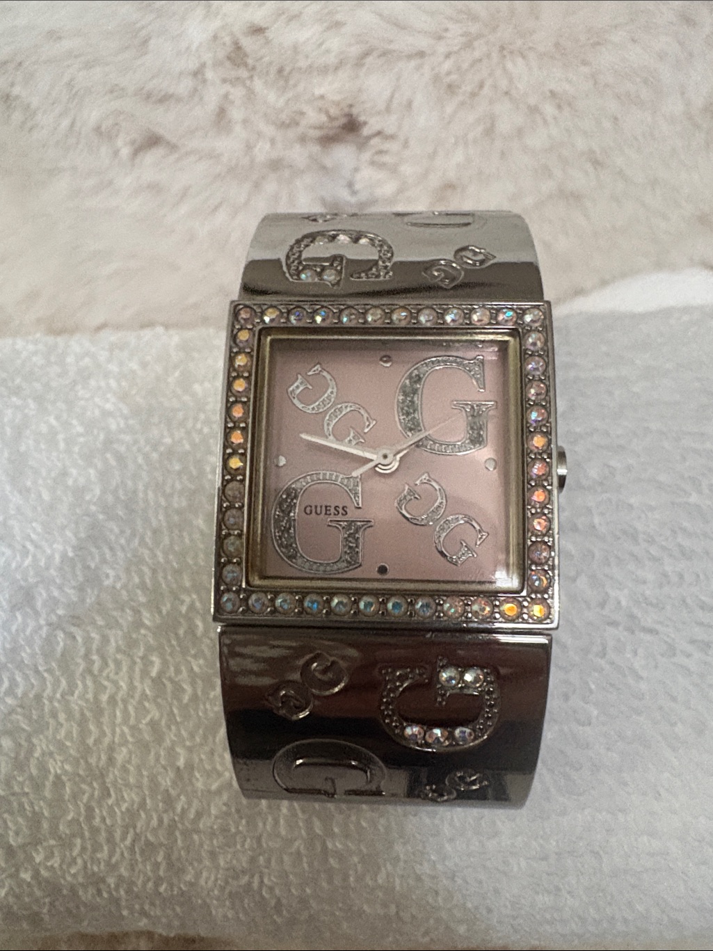 Guess SilverTone Bracelet Watch With Pink Dial And Crystal Accents
